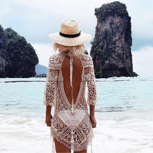 Backless Cut Out White Lace Summer Beach Mini Dress