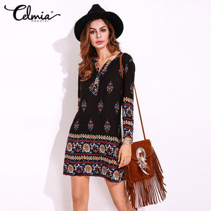 2019 Women Summer  Mini Dress Ethnic Casual Beach Long Sleeve Floral Slim Sexy Short Elegant Retro Vestidos Plus Size 5XL