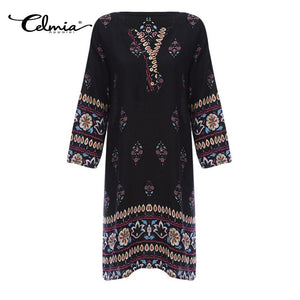 2019 Women Summer  Mini Dress Ethnic Casual Beach Long Sleeve Floral Slim Sexy Short Elegant Retro Vestidos Plus Size 5XL