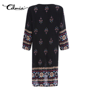 2019 Women Summer  Mini Dress Ethnic Casual Beach Long Sleeve Floral Slim Sexy Short Elegant Retro Vestidos Plus Size 5XL