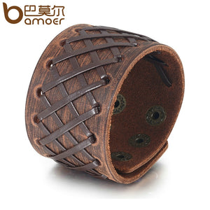 Men's Woven Leather Wrist Cuff Bracelet in Black & Brown