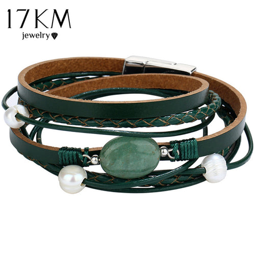 Unisex Green and White Stone Leather Bracelet