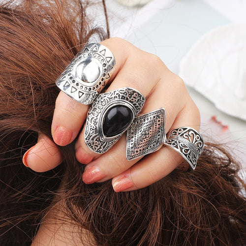 Bohemian Style Vintage Silver Ring Set