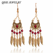 Load image into Gallery viewer, QIHE JEWELRY Ancient silver &amp; bronze tribal beaded leaf tassel dangle earring Ear jewelry Earrings for women BOHO Gypsy jewelry