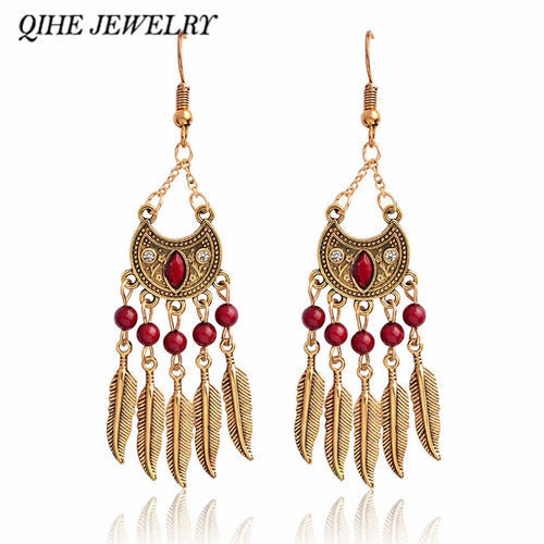 QIHE JEWELRY Ancient silver & bronze tribal beaded leaf tassel dangle earring Ear jewelry Earrings for women BOHO Gypsy jewelry