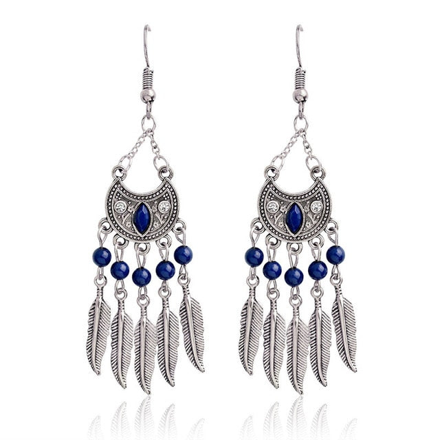 QIHE JEWELRY Ancient silver & bronze tribal beaded leaf tassel dangle earring Ear jewelry Earrings for women BOHO Gypsy jewelry