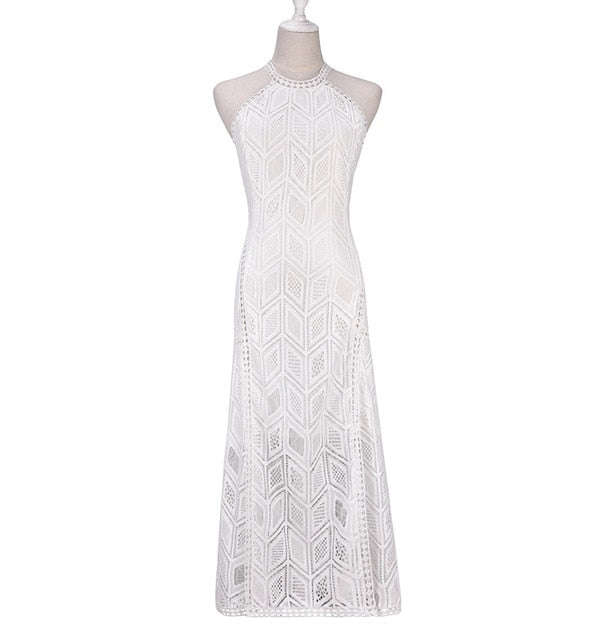 White Lace Halter Summer Maxi Dress