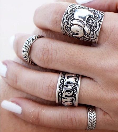 4pcs/Set Carved Antique Silver Elephant Totem Rings