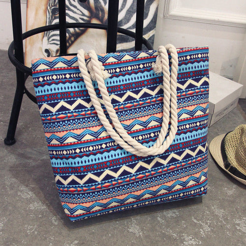 Bohemian style striped Canvas Beach Bag