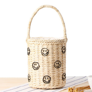 Fashion Portable Bucket Woven Bag Totes Embroidery Stars Smile Face pineapple Straw Bag Summer Vacation Beach Bag