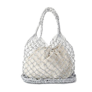 Gold and Silver Linen Woven Netted Beach Bag