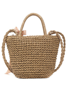 Fashion Women Ribbon Handbag Straw Weave Knitting Bucket Bag Summer Beach Holiday Totes Shoulder Bag