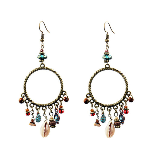 Bohemian Dreamcatcher Shell Earrings with Wood & Stone Beads