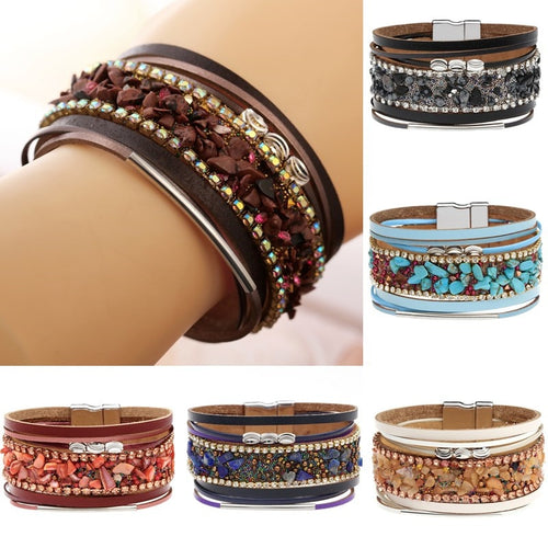 Silver Beads Chakra Bracelet Jewelry Handmade Multi Color Natural Stone Beads Leather Wrap Bracelets Bangles Creative Gifts