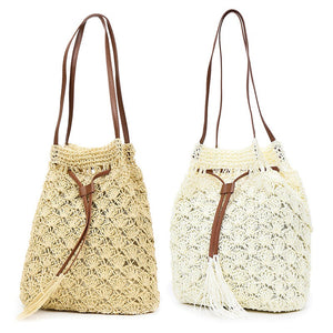 Women Beach Knitting Straw Handbag Solid String Mini Bucket Bag Summer Casual Holiday Crossbody Bag