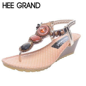 HEE GRAND 2018 new Bohemia Beading Sandals Women Wedges Heel Flip Flops Hand Made Summer Beach Shoes For Woman XWZ3576