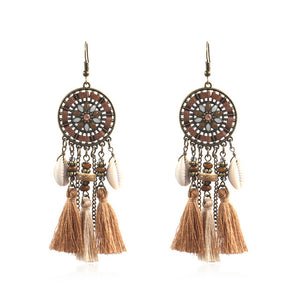 Boho Pom Pom Dreamcatcher Beaded Shell Tassel Earrings