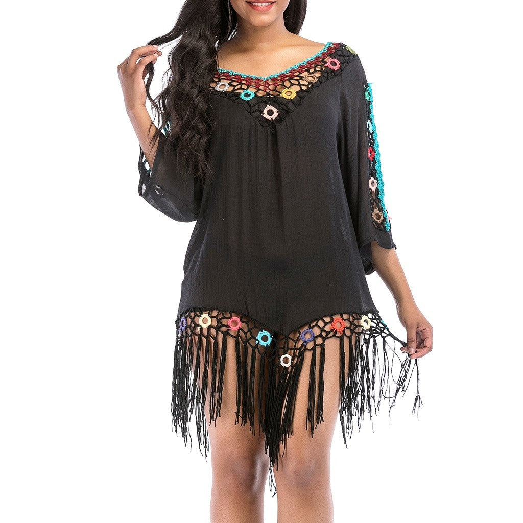 Crochet Beach Cover Up Dress with Tassels