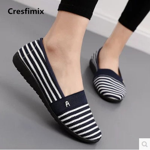 Women Cute Comfortable Blue Stripe Flat Shoes Chaussures Plates Femmes Lady Soft Spring & Summer Slip on Ballet Dance Shoes E210