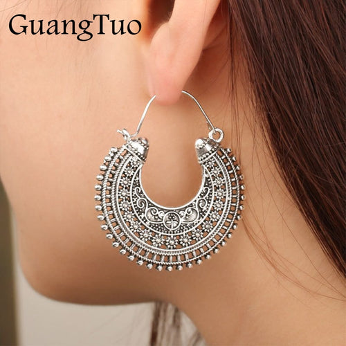 EK401 Ancient Tibetan Filigree Flower Ornate Earring Boho Vintage Jewelry Carving Hollow Gypsy Tribal Heart Earrings for Women