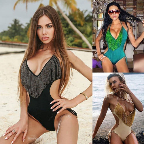 Deep V Neck Tassel Design Sexy One Piece Swimsuit Women Swimwear Female Solid Bathing Suit Beachwear Swimwear Women Bikini