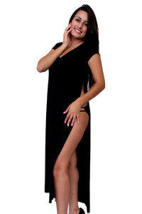 Women's Open Side Tunic Swimwear Cover-up Beach Dress: BLACK