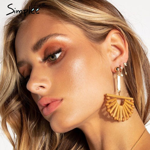 Simplee Boho wood semicircle drop earrings female Vintage handmade women earrings Fashion ethnic ladies accessories jewelry 2019