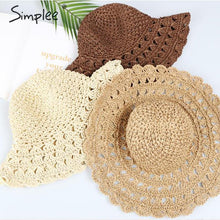 Load image into Gallery viewer, Simplee Summer women straw hats Beach wide weaving elegant round female sun hat Holiday folded outdoor hat leisure cap 2019