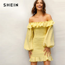 Load image into Gallery viewer, Boho Yellow Ruffle Off Shoulder Party Dress