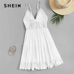 Boho White Crochet Slip Cami Summer Dress