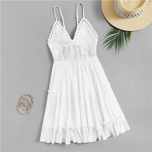 Boho White Crochet Slip Cami Summer Dress