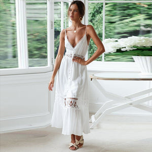 Women White Lace Spaghetti Strap Sleeveless Beach Dress