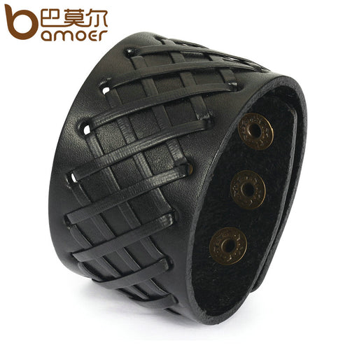 Men's Woven Leather Wrist Cuff Bracelet in Black & Brown