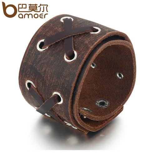 Men's Vintage Leather Wrist Cuffs Bracelet in Black & Brown