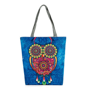 Floral Owl Printed Canvas Beach Bag