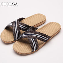 Load image into Gallery viewer, COOLSA Men&#39;s Outdoor Beach Flip Flops Cross Striped Linen Slippers Flat Sandals Indoor Bathroom Home Flax Slippers Men Slides