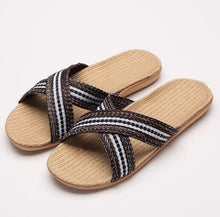 Load image into Gallery viewer, COOLSA Men&#39;s Outdoor Beach Flip Flops Cross Striped Linen Slippers Flat Sandals Indoor Bathroom Home Flax Slippers Men Slides