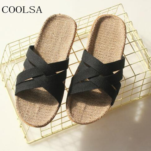 New Men's Summer Outdoor Beach Flip Flops Solid Cross Linen Slippers Indoor Bathroom Hotel Home Slippers Men Slides Flat Sandals