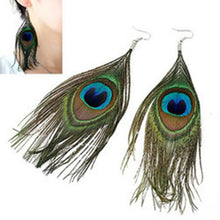 Load image into Gallery viewer, Fashion Boho Style Peacock Earrings Feather Shiny Silvery Hook Women&#39;s Dangle Earrings Eardrop Ornaments Jewelry Oorbellen