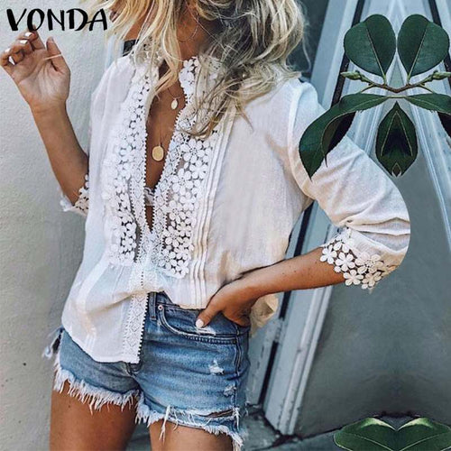 VONDA Summer Women Floral Blouses 2019 Vintage Seven Sleeve Sexy V Neck Lace OL Office Shirt Blouse Beach Party Blusas S-5XL