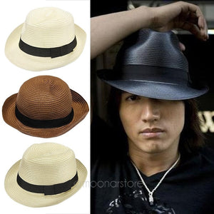 Unisex Fashion Summer Straw Braided Fedora Hat, Trilby Gangster Straw Hat Sun Cap Summer Beach Cap Shopping Travel