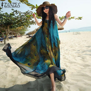 ZANZEA Oversize Womens  Chiffon Peacock Floral Sleeveless  Beach Tunic Long Maxi Dress Sundress