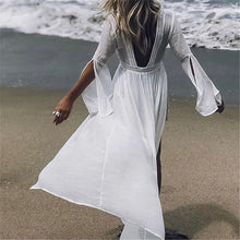 Load image into Gallery viewer, White Lace Beach Dresses with Flared Sleeve Cotton Cover Up