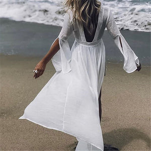 White Lace Beach Dresses with Flared Sleeve Cotton Cover Up