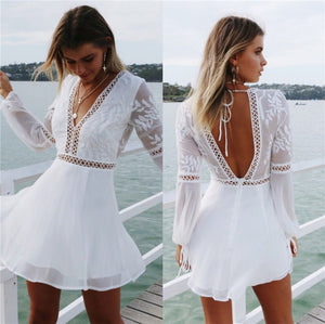 Womens Backless V Neck White Dress