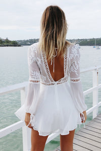 Womens Backless V Neck White Dress